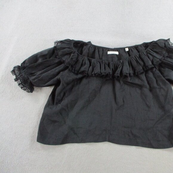 DOEN Samara Top Womens Small Black Ramie Tencel Blend Lace Ruffles Puff Sleeve - Picture 4 of 14